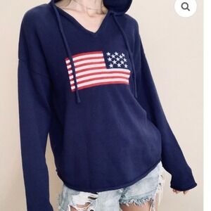 BRIT.NY‎ Women's American Flag Pullover Hoodie Blue Size L Cotton Knit